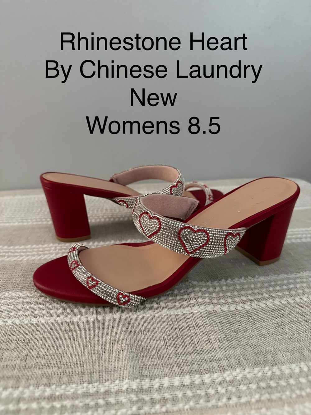 Chinese Laundry Red Rhinestone Heart Block Heel Slip On Mules Shoe Womens 8.5 39